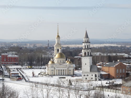 The center of Nevyansk: Old Believers' church (domed), the Leaning Tower (white spire), Sverdlovsk Oblast, Russia