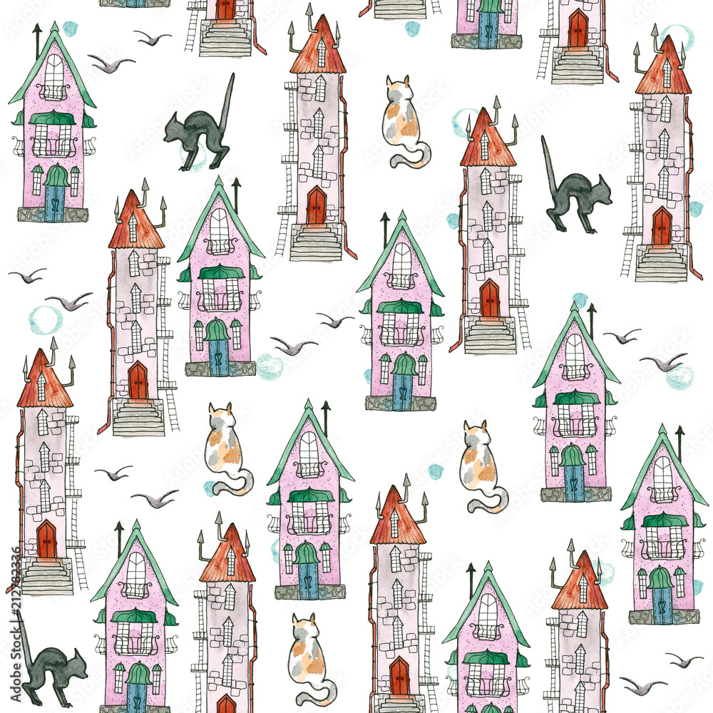 Seamless pattern with watercolor houses. Old city, streets, village. on a bright white background with cats
