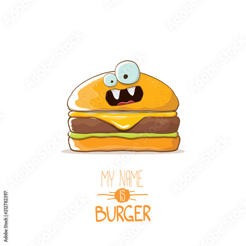 vector cartoon cute burger character with cheese, meat and salad icon isolated on white background. my name is burger vector concept illustration
