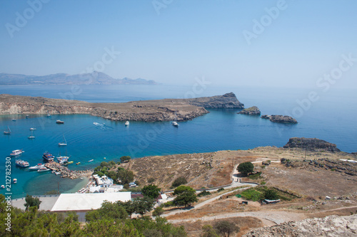 view of lindos harbor from acropolis on rhodes island