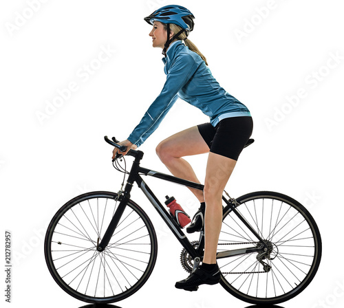 Fototapeta Naklejka Na Ścianę i Meble -  one caucasian cyclist woman cycling riding bicycle standing smiling isolated on white background