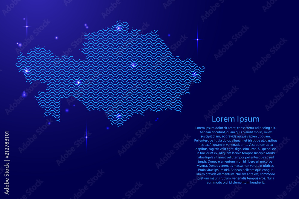Kazakhstan map country abstract silhouette from wavy blue space sinusoid lines and glowing stars. Contour state of creative luminescence curve. Vector illustration.
