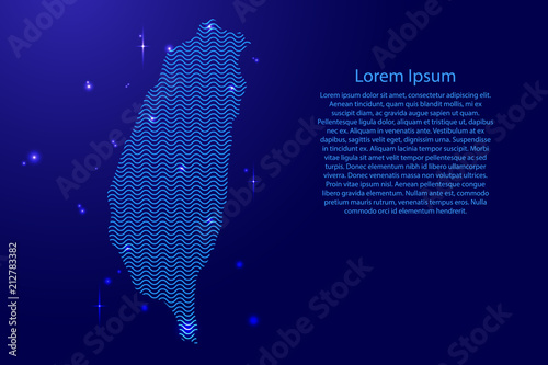 Taiwan map country abstract silhouette from wavy blue space sinusoid lines and glowing stars. Contour state of creative luminescence curve. Vector illustration.
