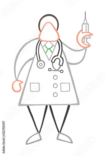 Vector cartoon doctor man with stethoscope and standing, holding syringe ready for injection
