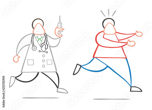 Vector cartoon doctor man with stethoscope and running, holding syringe ready for injection and patient scared and running away