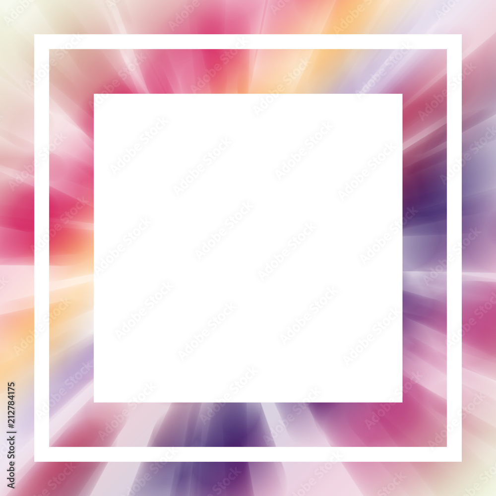 Blurred colorful abstract background. Picture frame for cheerful, joy concepts. Square mock up template. Design for posters, flyers, party invitations, booklets, greeting cards, scrapbook page, albums