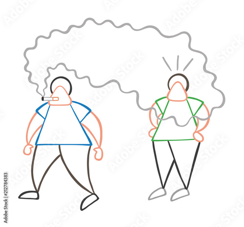 Vector cartoon man walking and bothering other man with smoke of cigarette