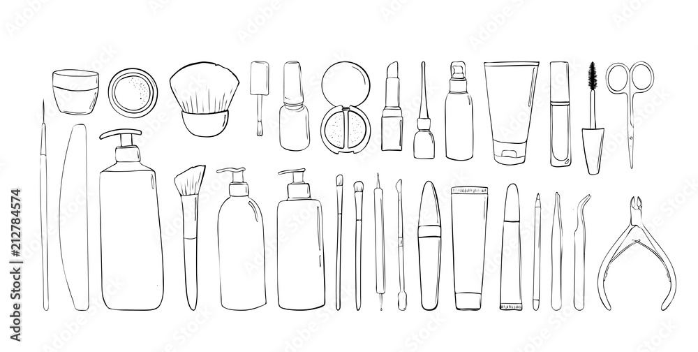 Cosmetic products. Beauty set in the style of a black stroke drawn by hands. Elements or object for the design of the beauty salon Cosmetic products. Beauty set in the style of a black stroke drawn by hands. Elements or object for the design of the beauty salon
