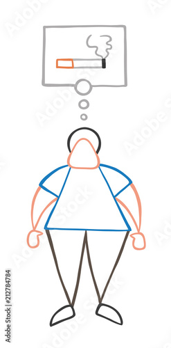 Vector cartoon man standing and thinking smoking cigarette with thought bubble