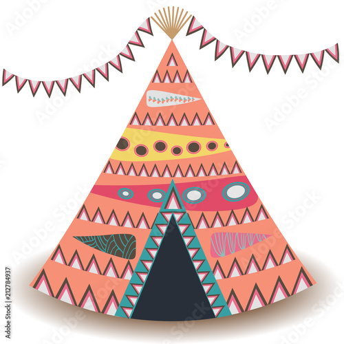 Indian tent or wigwam pierced with arrows isolated on white background. Vector cartoon close-up illustration.