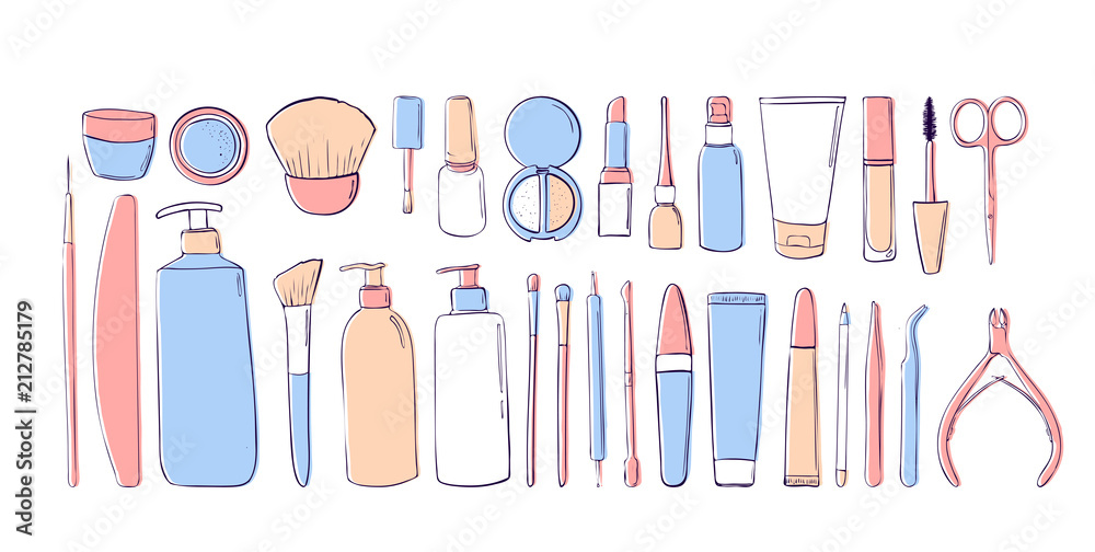 Cosmetics Set Makeup Hand Drawn Doodle Stock Vector (Royalty Free)  1283085448 | Shutterstock