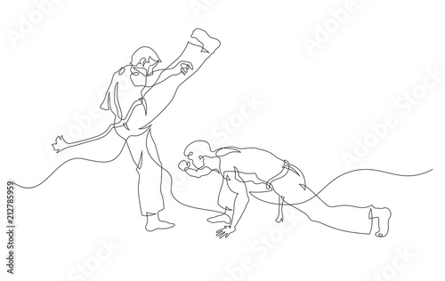 Two capoeira fighters playing. Contour Isolated on white. Vector illustration