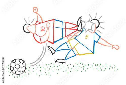 Vector cartoon aggressive soccer player man flying kick to other soccer player's face