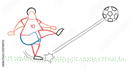 Vector cartoon soccer player man shooting ball on pitch