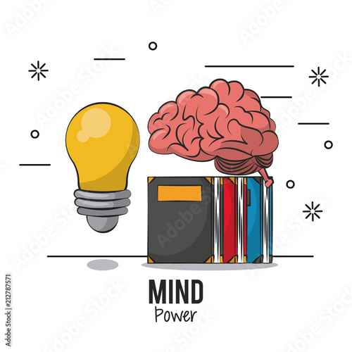 Mind power and brain with books and bulb vector illustration graphic design