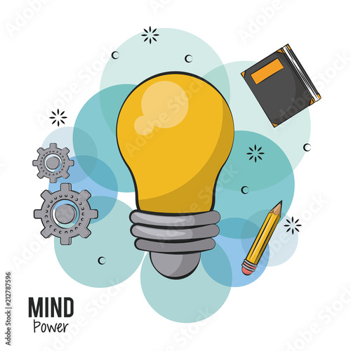 Mind power bulb light and books with gears vector illustration graphic design