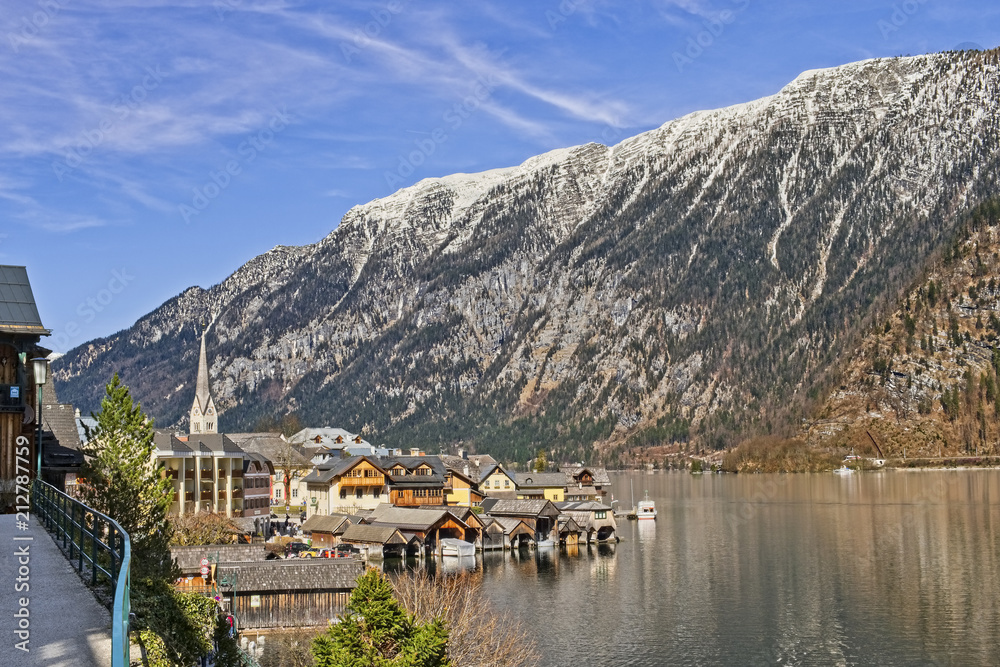 Scenic panoramic picture-postcard view of famous Hallstatt mountain village with Hallstatter Lake in the Alps, Austria, Salzkammergut