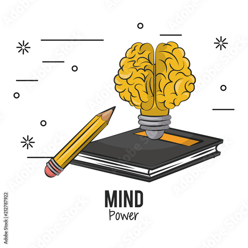Mind power and brain light bulb with book and pencil vector illustration graphic design