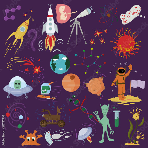 big set of childrens drawings in the style of flat on a space theme