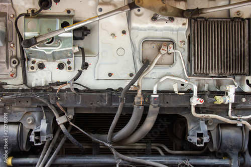 Cooling water pipe truck air conditioning system. Front view of the truck's pipe system.