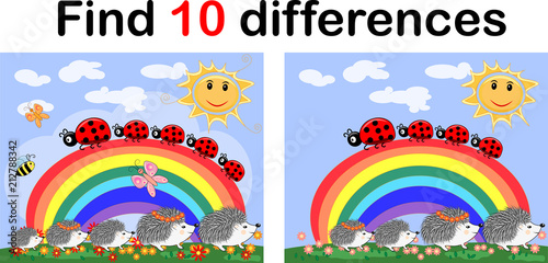 Find the differences between the pictures. Children's educational game. A hedgehog artist on a clearing with a rainbow draws on an easel