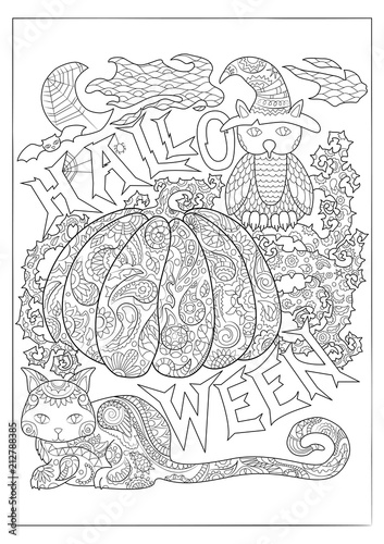 Halloween black and white vector coloring page with owl in magician hat, cat and pumpkin.