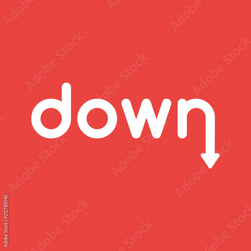 Vector icon concept of down word with arrow moving down on red background