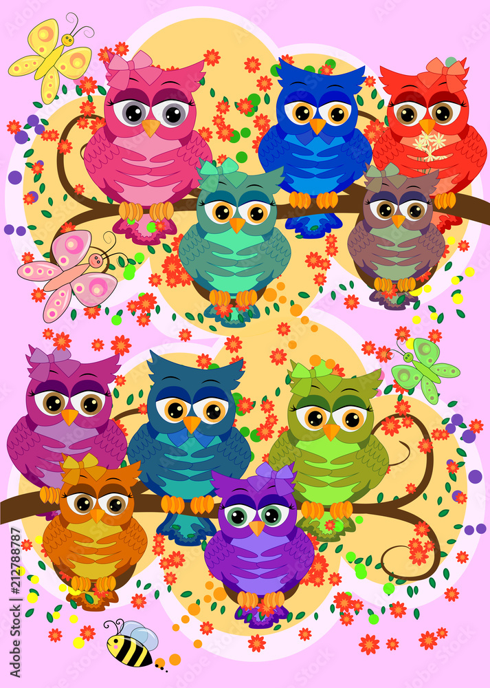 Three cute colorful cartoon owls sitting on tree branch with flowers. Funny sticker of birds on white background. Three cute colorful cartoon owls sitting on tree branch with flowers. Funny sticker of birds on white background.