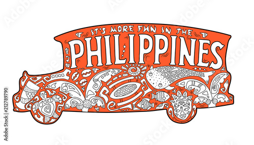 Orange jeepney with philippine ornament. Palm tree, whale shark, mask, turtle, halo-halo. Vector coloring page. photo