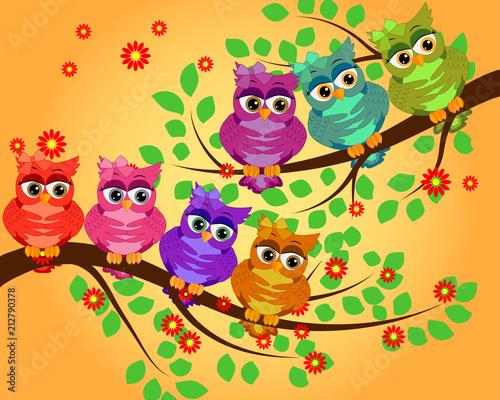Four couples of owls sitting on branches. Nice elements for scrapbook, greeting cards, invitations, Valentine's cards etc.