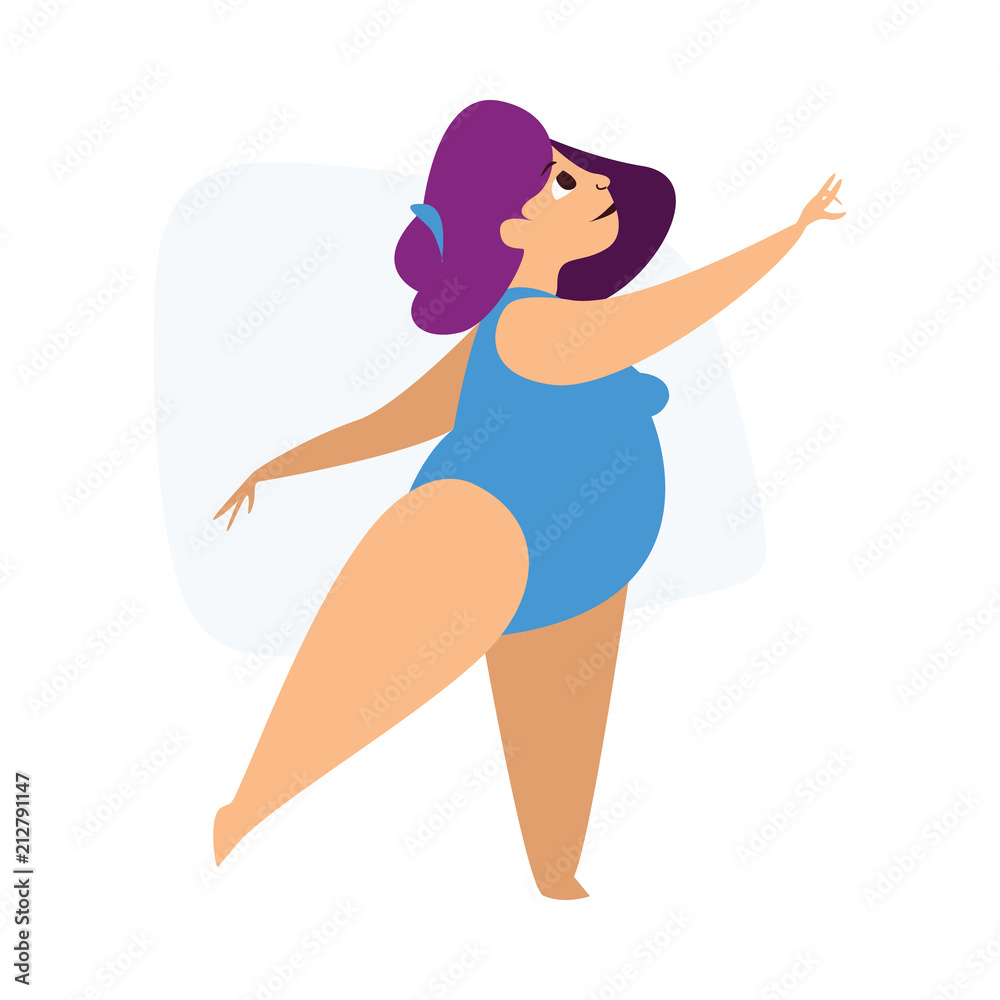 Woman dressed in blue swimsuit is standing on one leg sunbathe o