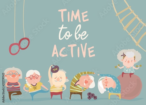 Cartoon elderly people doing exercises
