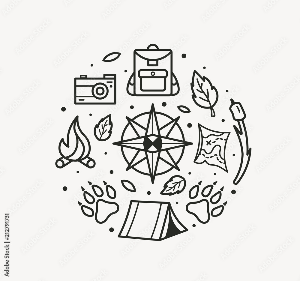 Adventure travel line art style. Compass, paws, backpack, tent, bonfire, camera, map for tourist symbol, travel badge, expedition label, explore emblem, hiking sticker, t-shirt design. Camping logo. Adventure travel line art style. Compass, paws, backpack, tent, bonfire, camera, map for tourist symbol, travel badge, expedition label, explore emblem, hiking sticker, t-shirt design. Camping logo.