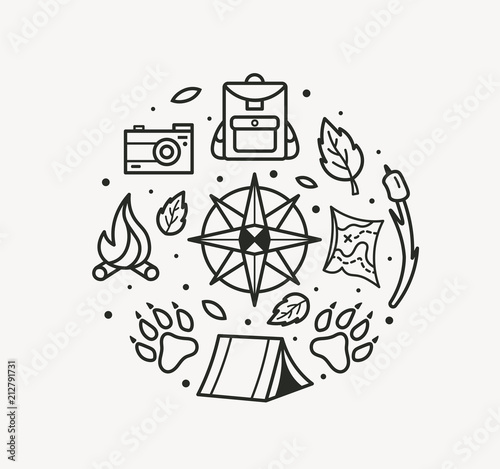 Adventure travel line art style. Compass, paws, backpack, tent, bonfire, camera, map for tourist symbol, travel badge, expedition label, explore emblem, hiking sticker, t-shirt design. Camping logo.