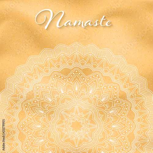 Flyer or brochure template with hand drawn mandala pattern on seashore background. Yoga classes banner. Vector Illustration