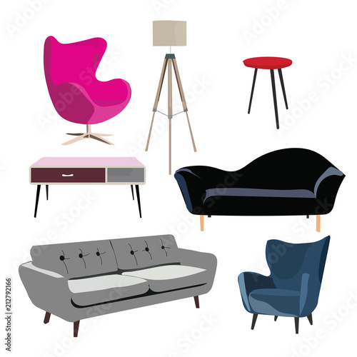 Blue furniture set elements collection. House home interior design.living room bedroom.sofa, table, plant, lamp, vase, mirror. Realistic cute beautiful bright decor. Modern vintage retro style.