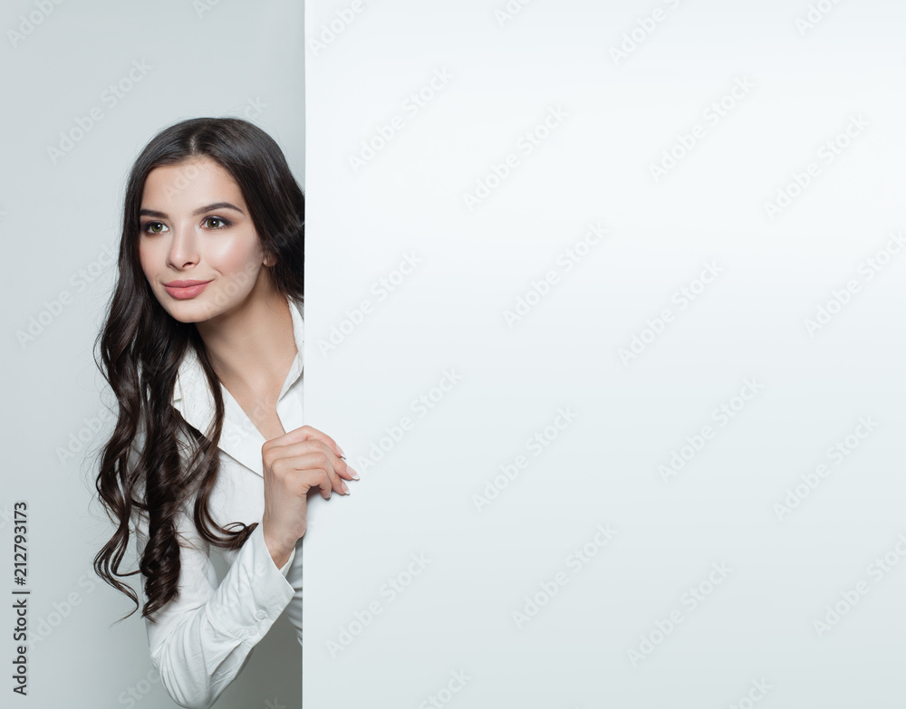 Business woman showing white blank paper board background Business woman showing white blank paper board background
