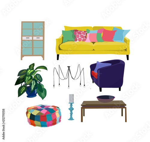 Living room realistic furniture set collection.beautiful cute colorful elements.home interior design.stylish danish modern.sofa,pot plant,cabinet wardrobe table armchair.designer boho style.