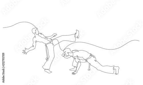 Two capoeira fighters playing. Contour Isolated on white. Vector illustration