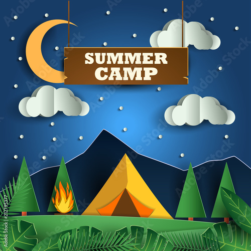 summer camp activity illustration with papercut style