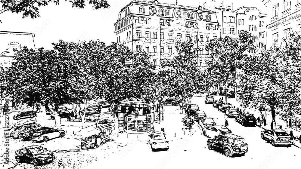 Andrew's Descent in Kiev. Ukraine - Artwork black and white drawing sketch vector illustration Andrew's Descent in Kiev. Ukraine - Artwork black and white drawing sketch vector illustration