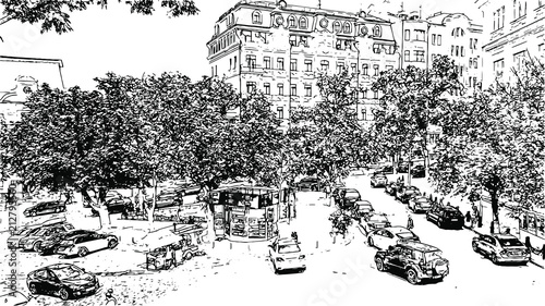 Andrew's Descent in Kiev. Ukraine - Artwork  black and white drawing sketch vector illustration
