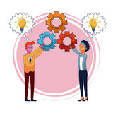 Business people with gears and ideas vector illustration graphic design