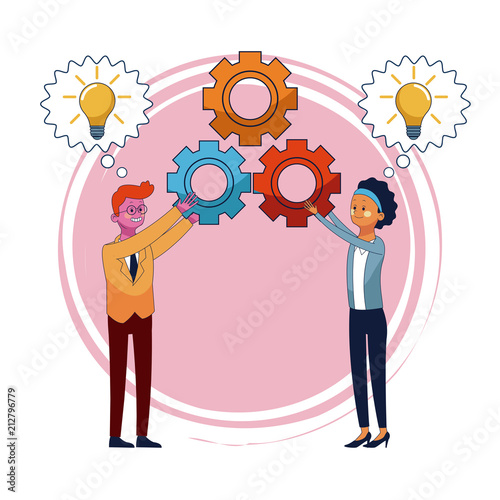 Business people with gears and ideas vector illustration graphic design