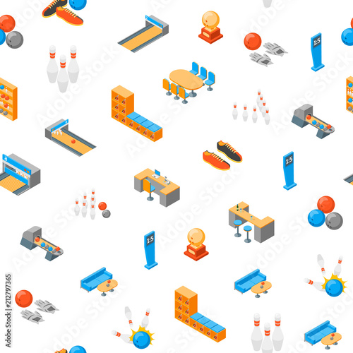 Bowling Game Seamless Pattern Background Isometric View. Vector