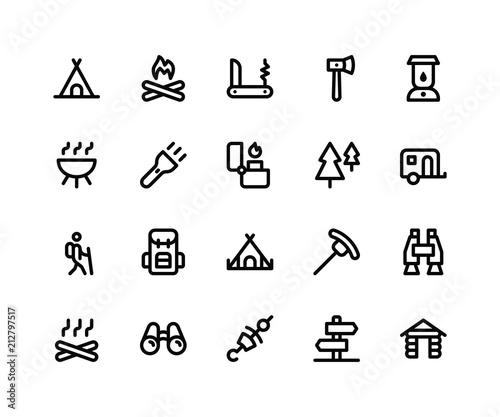 Simple Set of Camping Related Vector Line Icons. Contains such Icons as Camp, Fire, Knife, Hatchet, Lamp and More. pixel perfect vector icons based on 32px grid editable strokes.