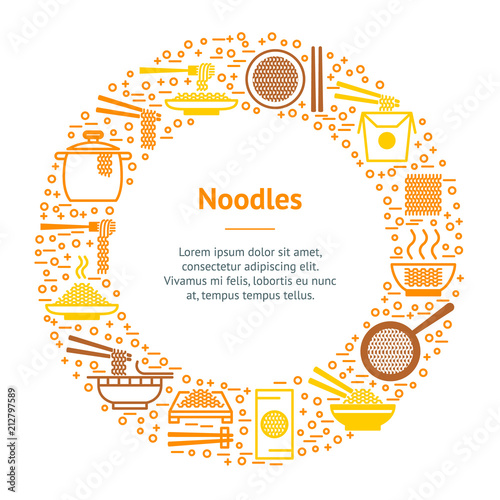Noodle Thin Line Banner Card Circle. Vector