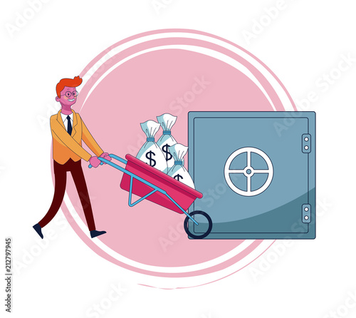 Businessman with money bag on wheelbarrow and strongbox vector illustration graphic design