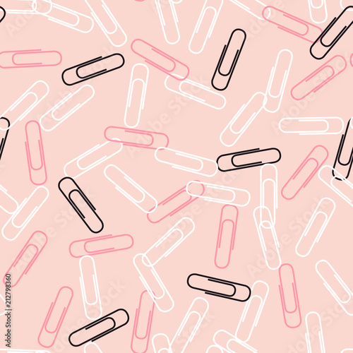Paper Clips Seamless Vector Pattern Tile. Back to School Repeating Print. Pink, Black and White Paperclips Randomly Arranged on Blush Pink Background. Pattern Swatch is Included