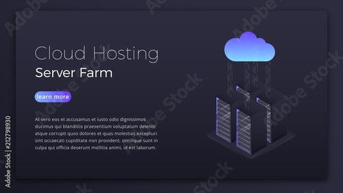 Cloud hosting. Data hosting cloud server isometric concept. Modern cloud technology hero image design